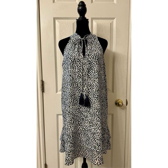 NWOT Likely Tassle Neck Tie Blue & Green Speckled Ruffle Tiered Boho Dress M - Picture 1 of 8